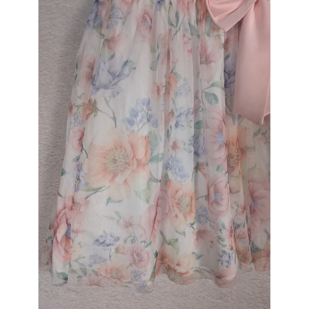 Rare Edition Dress Girl's 10 White Floral Flutter Sleeve Oversized Bow Tulle